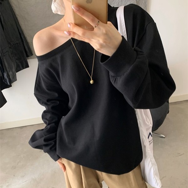 르뚜앙 [하프클럽/르뚜앙]나스닥 봄 가을 오프숄더 루즈핏 오버핏 무지 빅사이즈 맨투맨 블랙 긴팔 얇은 맨투맨 티셔츠 박스티