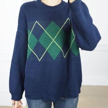 女性 ニット アーガイルラウンドネック長袖冬女性 ニット 衣料品 ウール秋 セーター ティーデイリールックカジュアル秋