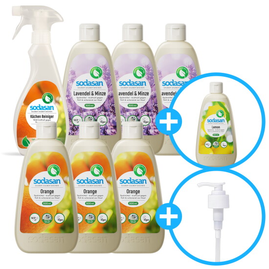 [소다산]★이 구성 최초★ 아로마 주방세제 500ml 7통(과일/야채 겸용, 라벤더 3 + 오렌지 3 + 레몬 1) + 전용펌프 1개 + 키친클리너 1개