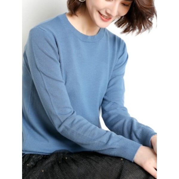 메이비누스 [하프클럽/메이비누스]6컬러 기본 긴팔 니트 티셔츠 라운드넥 (블랙 베이지 아이보리 옐로우 블루 핑크)