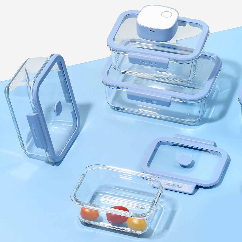 네오플램 베큐씰 진공 내열유리 밀폐용기 직사각 4종(570ml+950ml+1500ml+2300ml)+진공 펌프 1개