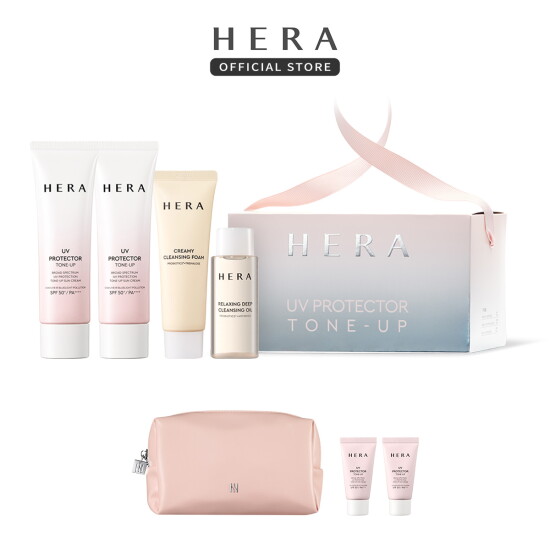[헤라](롯데i단독) UV 프로텍터 톤업 듀오 세트+가죽 사각 파우치+ 톤업15ml x2개