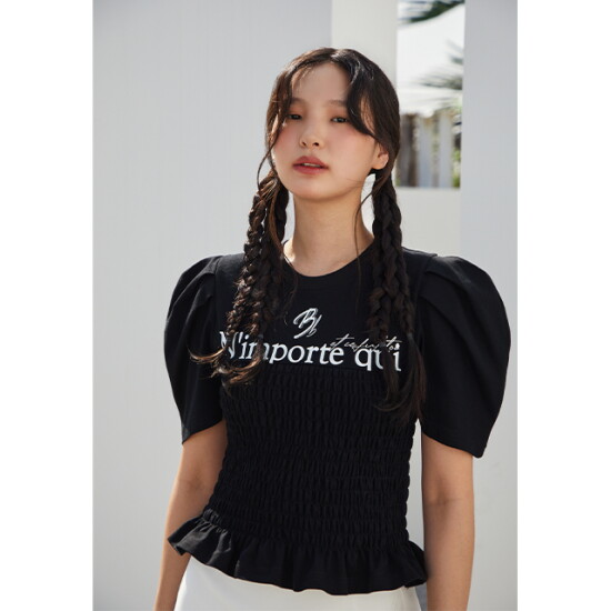 [에고이스트]8.(BLUE LABEL) 볼륨소매 레터링 프린팅 스모킹 티셔츠 (EQ2OTH14)