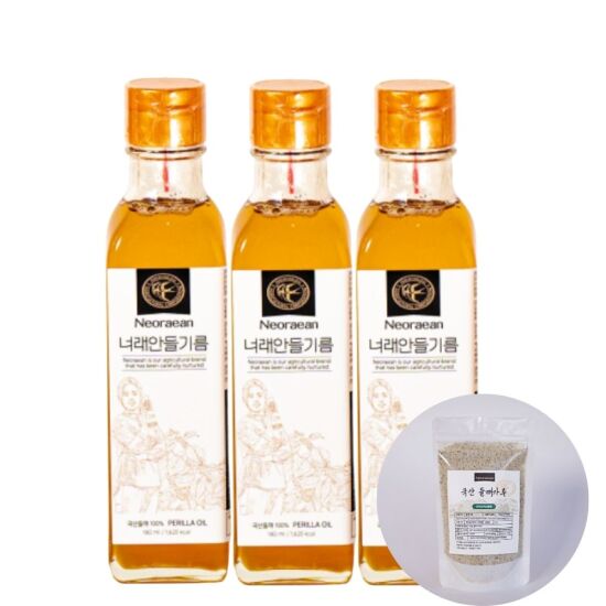 [알뜰총각][알뜰총각] 너래안 100% 국내산 들기름 180ml 3개+들깨가루 100g(지퍼백 파우치)
