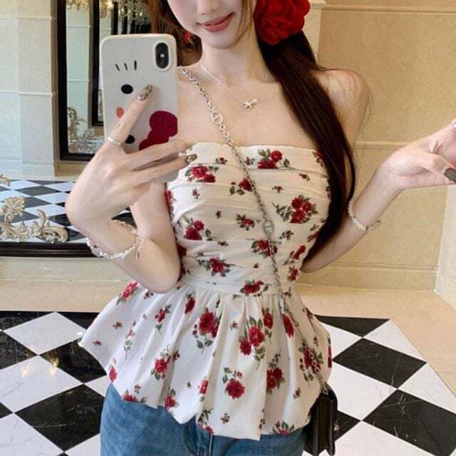 오너클랜 셔츠 스타일탑 플로럴프린트 숄더리스 트렌드아이템 유니크 걸