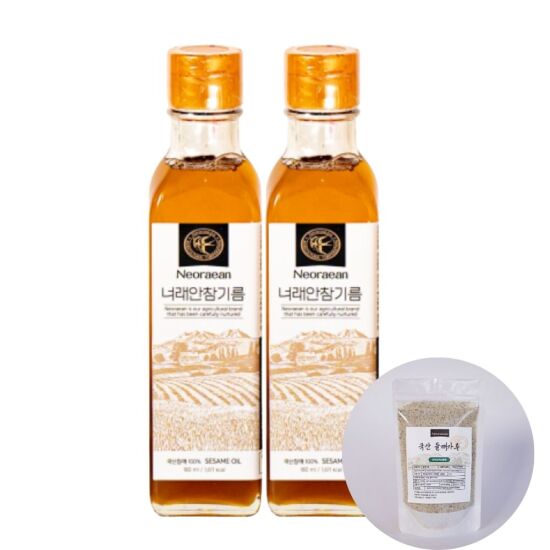 [알뜰총각][알뜰총각] 너래안 100% 국내산 참기름 180ml 2개+들깨가루 100g(지퍼백 파우치)