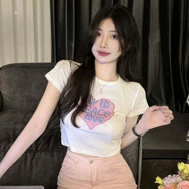 지오벤처스 여성 인기 하트 크롭 반팔티 감성 프린팅 여자 여름