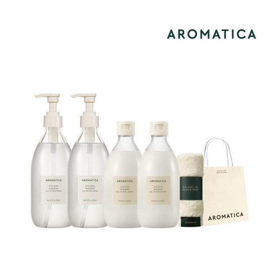 [아로마티카](최유라쇼 단독!) 아로마티카 로즈마리 선물 세트  (올인원 워시 500ml * 2 + 올인원 로션 300ml * 2 + 페이스타올 + 쇼핑백) 