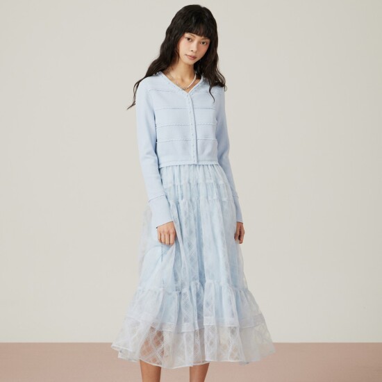 [듀엘(행사)]진주 비딩 스칼럽 라인 니트 블록 원피스 D254MSE038