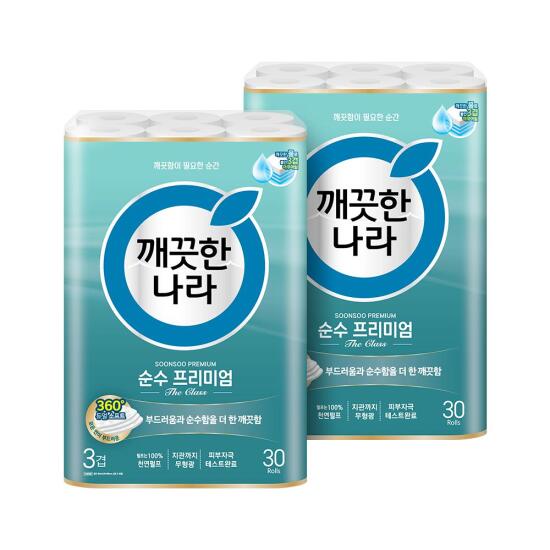 [깨끗한나라]☆극초특가☆ 순수 프리미엄 더 클래스 화장지 3겹 30롤 x 2팩