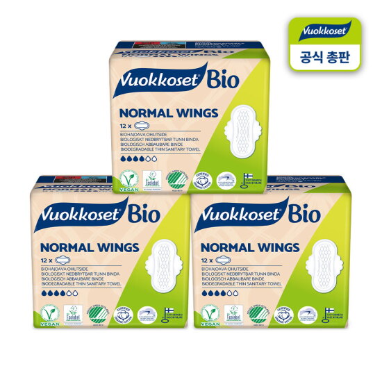 [뷰코셋]뷰코셋 순면 유기농생리대 중형 노말윙 3팩 비건인증 EU에코라벨 더마테스트 생분해 녹말 면