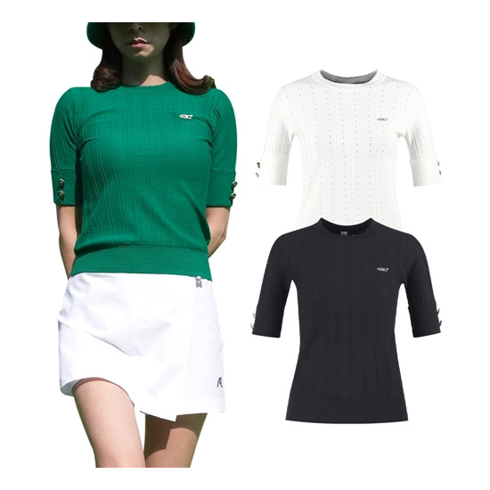 [럭스골프]럭스골프 여성 라운드 펀칭 5부 반팔 니트셔츠 LB3M608W