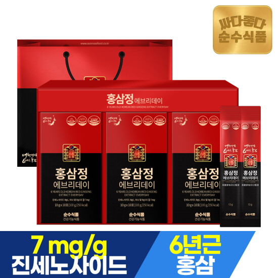 [순수식품]6년근 홍삼정 진액 홍삼 스틱 1박스(30포) + 전용쇼핑백 / 진세노사이드 7mg