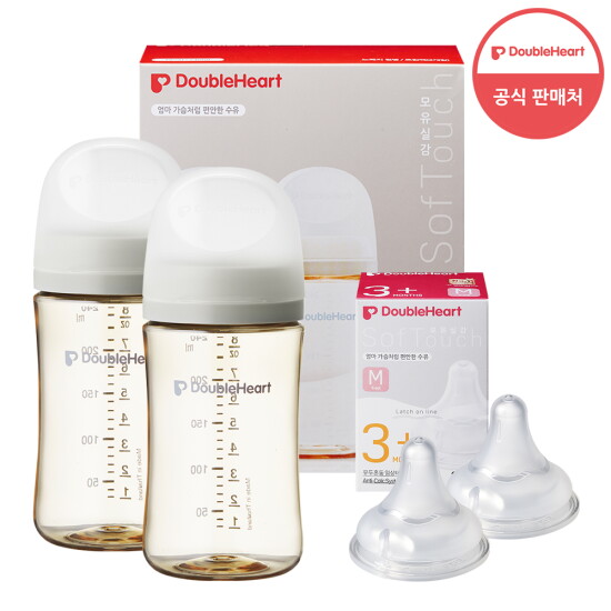 [더블하트][더블하트] 3세대 240ml 모먼트 트윈팩(젖병2개/노꼭지) + 젖꼭지 2개