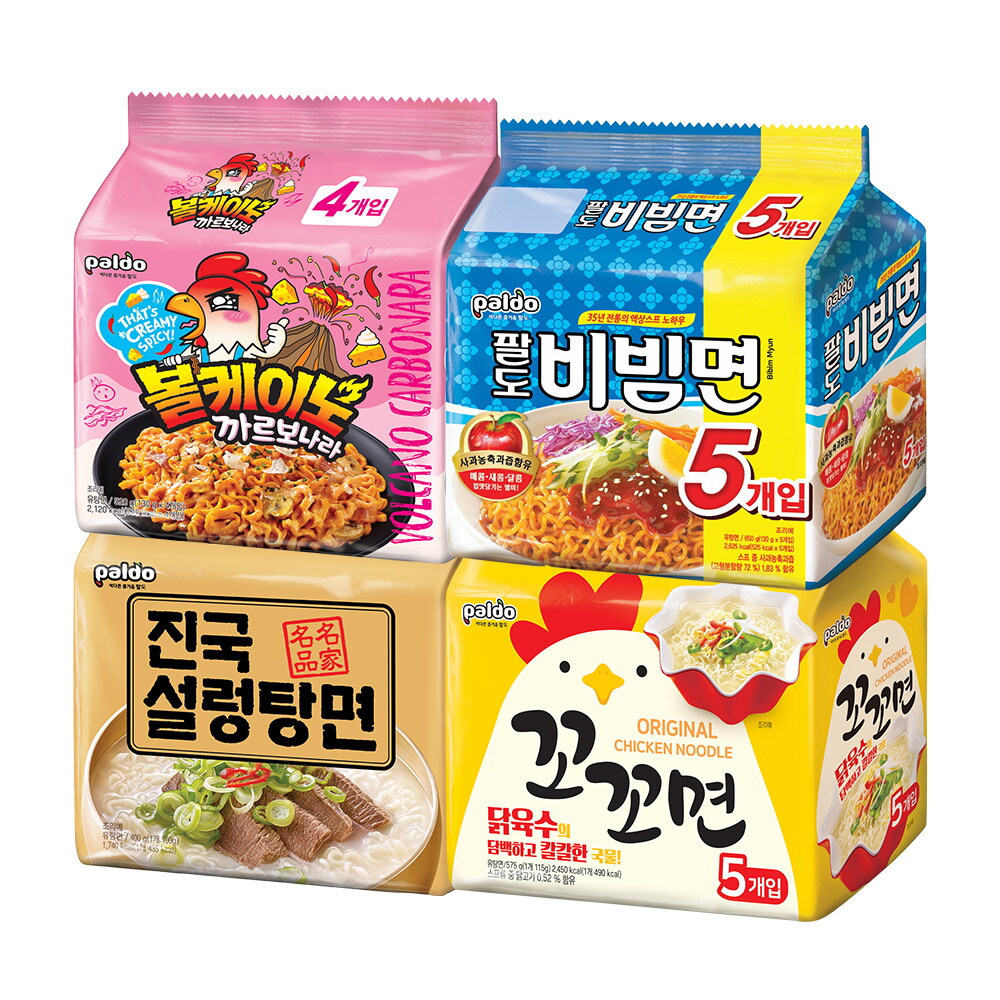 팔도 팔도 볼케이노까르보나라(130gX4입)X1개+꼬꼬면 (115gX5입)X1개+진국설렁탕면(100gx4입)+비빔면 (130gx5입)