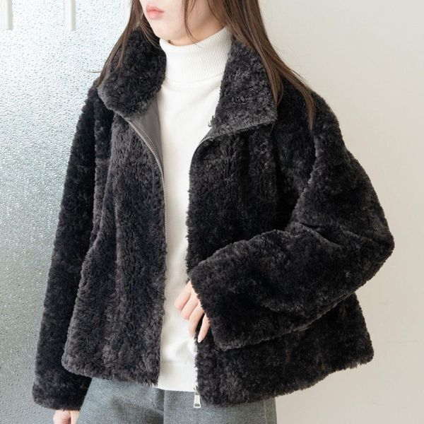 세븐제이스(7Js) 옷자락 [하프클럽/옷자락]여성 겨울 하이넥 퍼 집업 오버핏 가죽 자켓