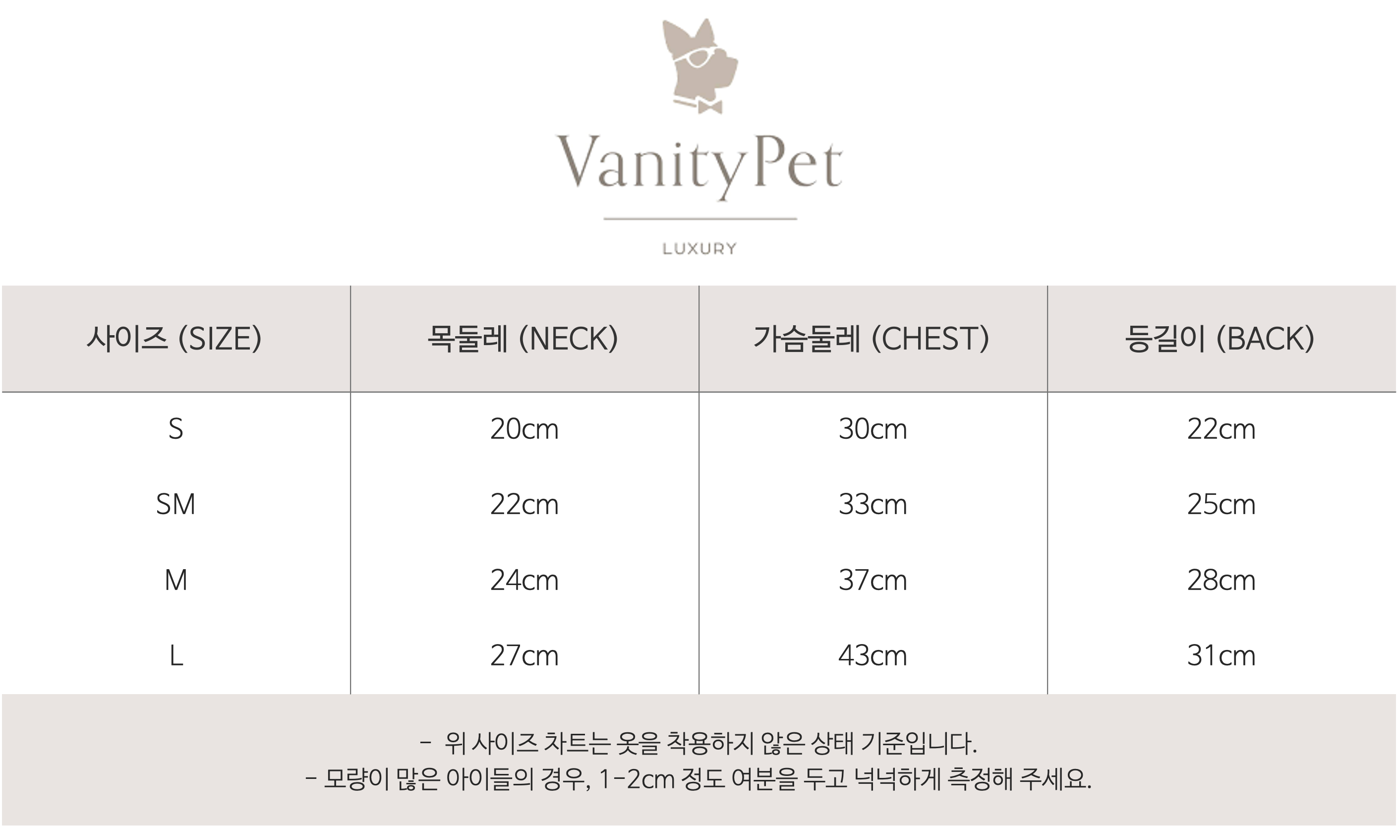 베니티펫 의류 사이즈차트