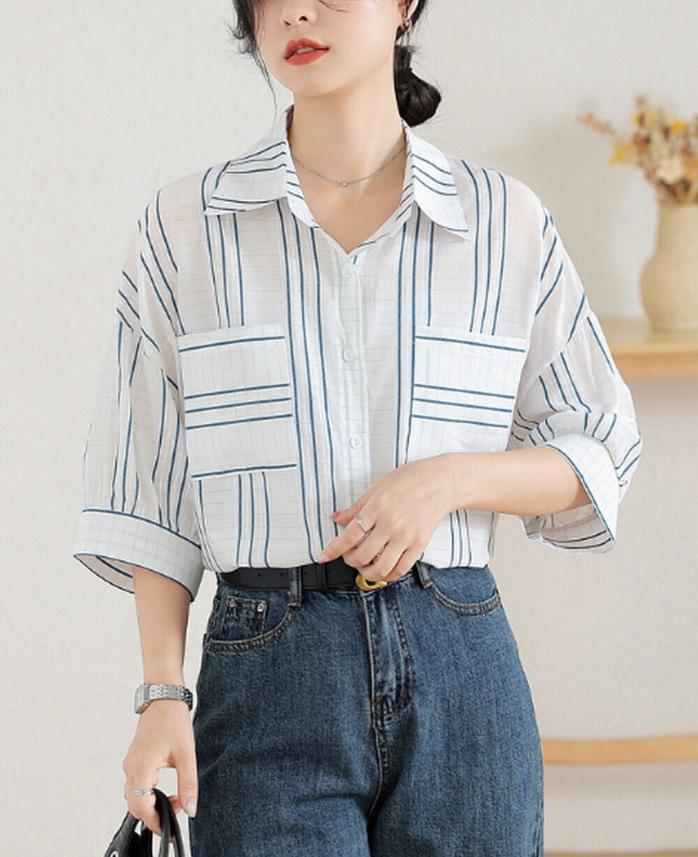 플로렌 플로렌 / 아피니 더블 포켓 스트라이프 5부 셔츠 BA40558