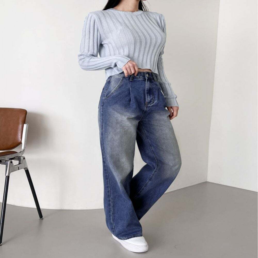 라이프커머스 청바지 데님팬츠 2005 여성 루나 핀턱 워싱 와이드 데님