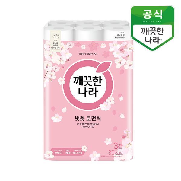 깨끗한나라 [하프클럽/깨끗한나라]깨끗한나라 벚꽃 로맨틱 3겹 천연펄프 화장지 27m 30롤