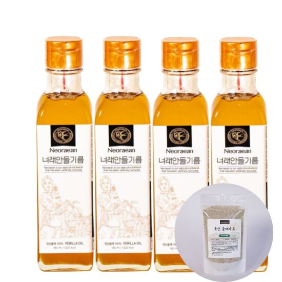 [알뜰총각][알뜰총각] 너래안 100% 국내산 들기름 180ml 4개+들깨가루 100g(지퍼백 파우치)
