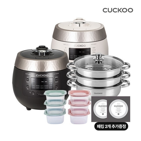 [쿠쿠]【10인용】 화이트스톤 압력 밥솥(CRP-R1095FGW)+[특별구성]올스텐3단찜기+렌지쿡24P+이중모션패킹 2개