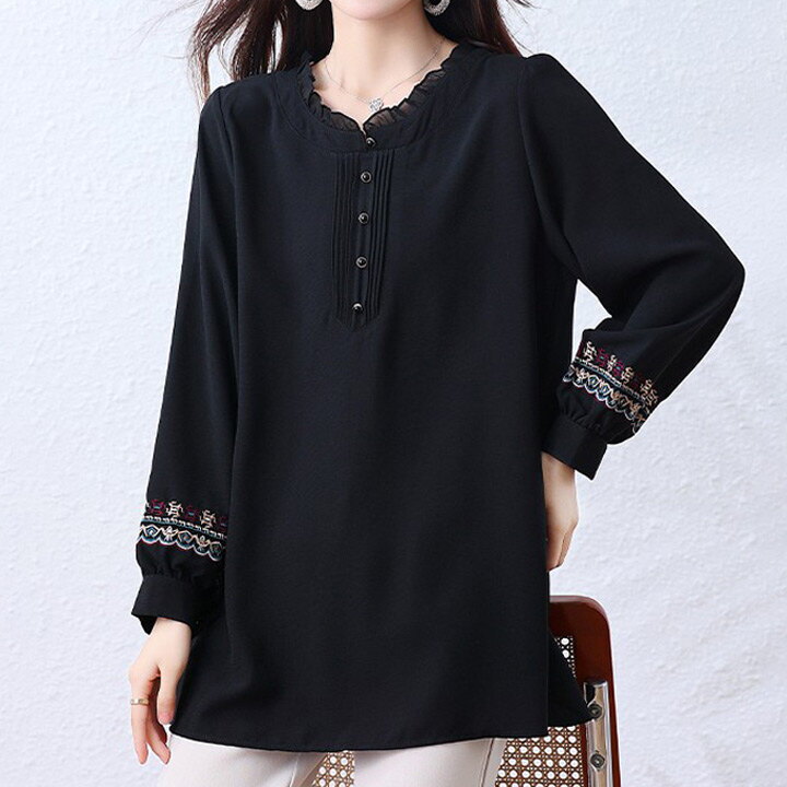 기타 (패플) [퀸이즈][퀸이즈] [99까지]긴팔 빅사이즈 레핀 소매패턴 롱슬리브 블라우스