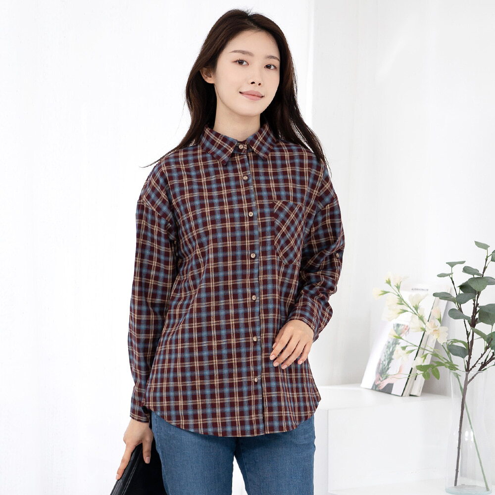 모슬린 엄마옷 면 체크 롤업 남방 NB515505 중년여성의류/50대/60대/마담/빅사이즈/할머니옷/40대/여성옷/미시옷/