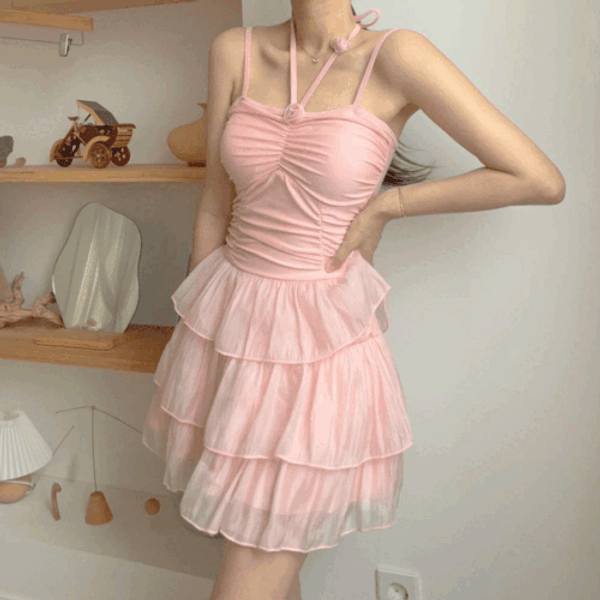 엘린무드 [하프클럽/엘린무드](유교걸 수영복) 모로코 홀터넥 코사지 핑크 캉캉 귀여운 몸매보정 엉밑살 커버 호캉스 바캉스 제주도 해외여행 워터밤 신혼여행 모노키니 수영복