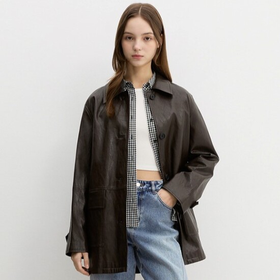 [시스티나](25 S/S) 루즈핏 레더 트렌치 코트