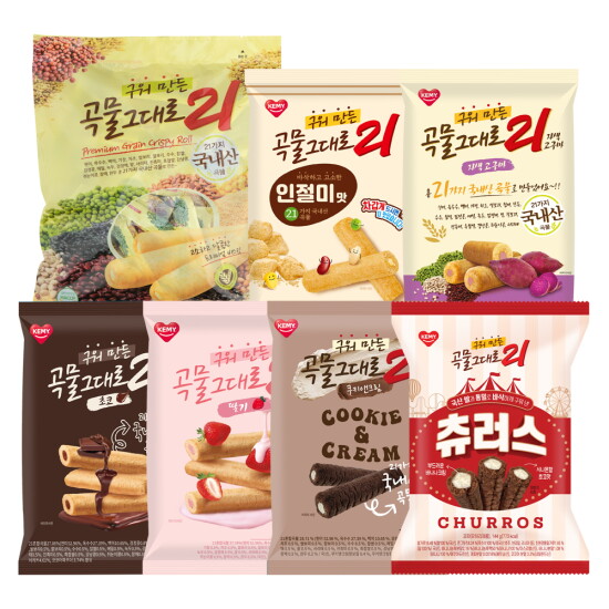[개미식품]곡물그대로21 크리스피롤 7종 [오리지널 500g+ (인절미+자색고구마+초코+딸기+쿠앤크) 150g + 츄러스 144g]