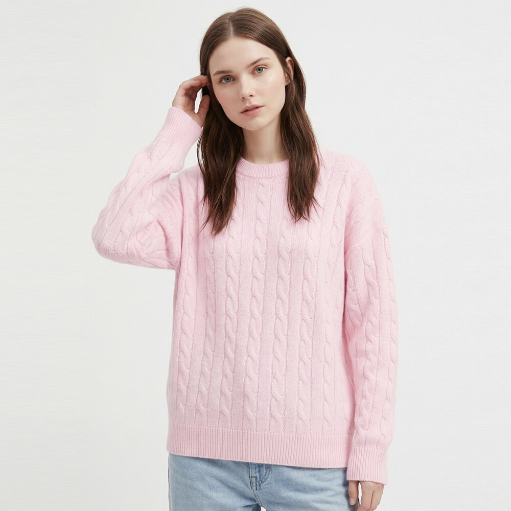 샵앤 샵앤 [샵앤] 국산 여성 라운드 케이블꽈배기 루즈핏 니트 티셔츠 INT-WKN-21170-핑크