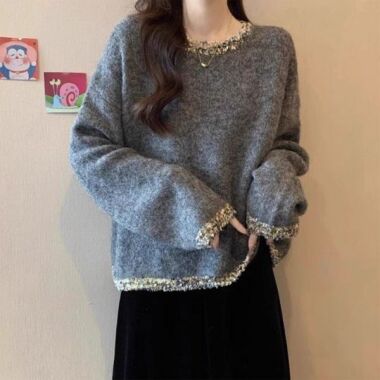 女性ツイード ニット Tシャツ 配色 セーター 秋冬 衣類トップス オフィス室内服保温 衣料品