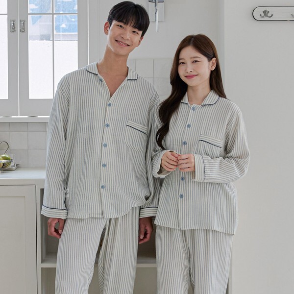 알콩단잠 [하프클럽/알콩단잠]긴팔홈웨어 귀여운 신혼여행 커플잠옷 센스있는 결혼선물 순면 스트라이프 파자마