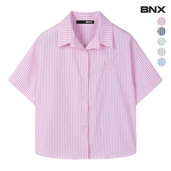 [BNX](6번)세로 스트라이프 캐쥬얼 자수 반팔 셔츠 (BW2BL037L0)