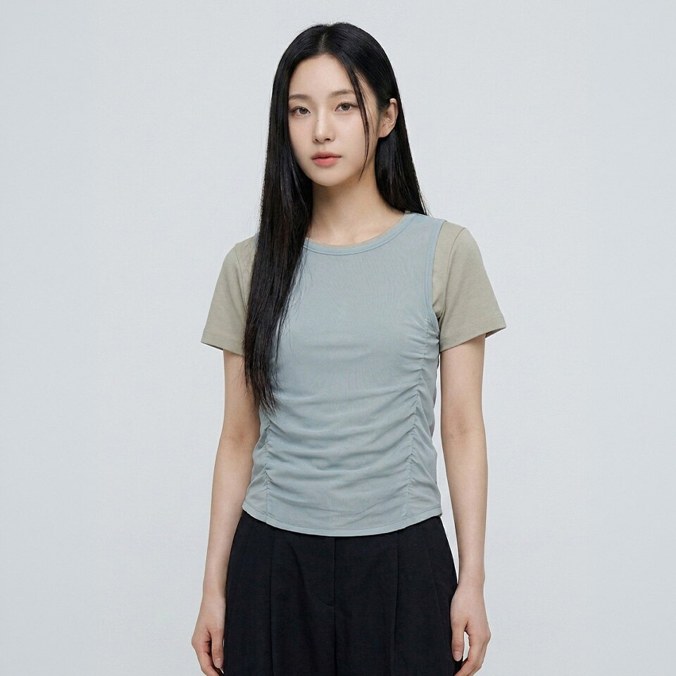 브랜디드라이프스타일코리아㈜ 행텐 (패플) [행텐][행텐]여성 셔링 레이어드 반팔 티셔츠_102(10570-131-416-69)