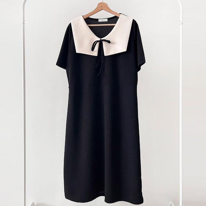 셀러허브 여성 빅사이즈배색원피스 U403L506 브라이덜블랙리본원피스 BS
