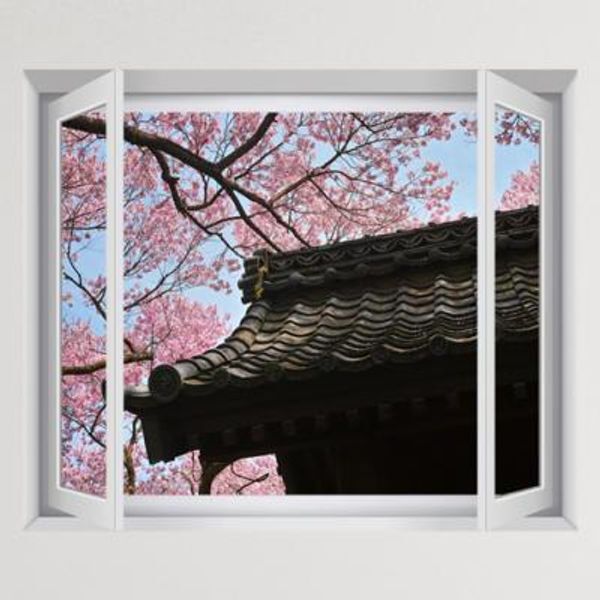 교보문고 꾸밈 iy884-벚꽃드리워진기와집 창문그림액자(중형)