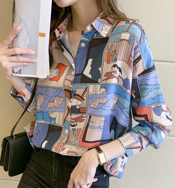 드레스허그 [드레스허그]애니멀 믹스 실키 블라우스