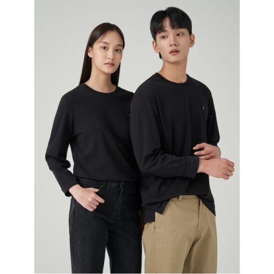 [빈폴(아울렛)][빈폴멘] 남녀공용 인터록 라운드 긴팔 티셔츠 - 블랙 (BC3741E025)