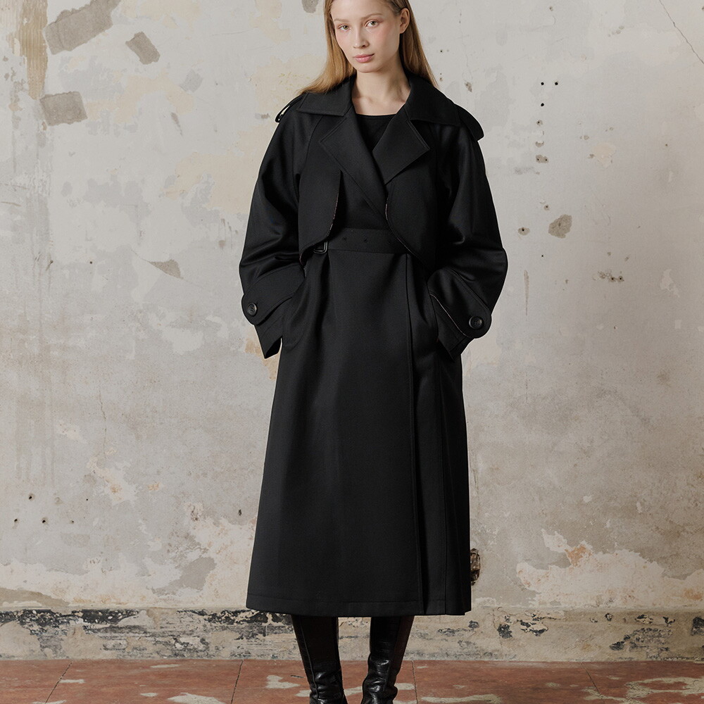 프릭스 바이 김태훈 [프릭스] Wool Cavalry Twill Lining Padded Overfit Trench Belted Coat Dress_BLACK