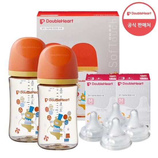 [더블하트_유아][더블하트] 3세대 240ml 디어프렌즈 트윈팩(젖병2개/노꼭지) + 젖꼭지 4개
