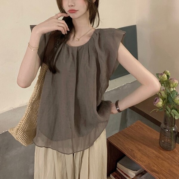 빌헬미나 르뚜앙 [하프클럽/르뚜앙]어휴 여름 나시 반팔블라우스 루즈핏 오버핏 빅사이즈 프릴  블라우스 휴양지 바캉스룩