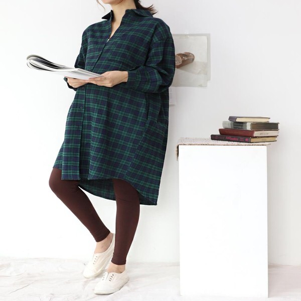 신상오픈런 [하프클럽/신상오픈런]엘토토 셔츠 박스핏 체크 원피스 주름디테일 여성 롱슬리브 임산부옷 긴