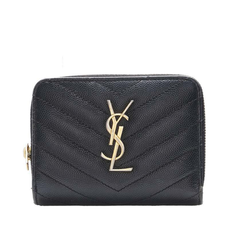 생로랑/병행수입 생로랑 [중고명품] 블랙 카프스킨 마틀라세 모노그램 금장 여성 반지갑 403723