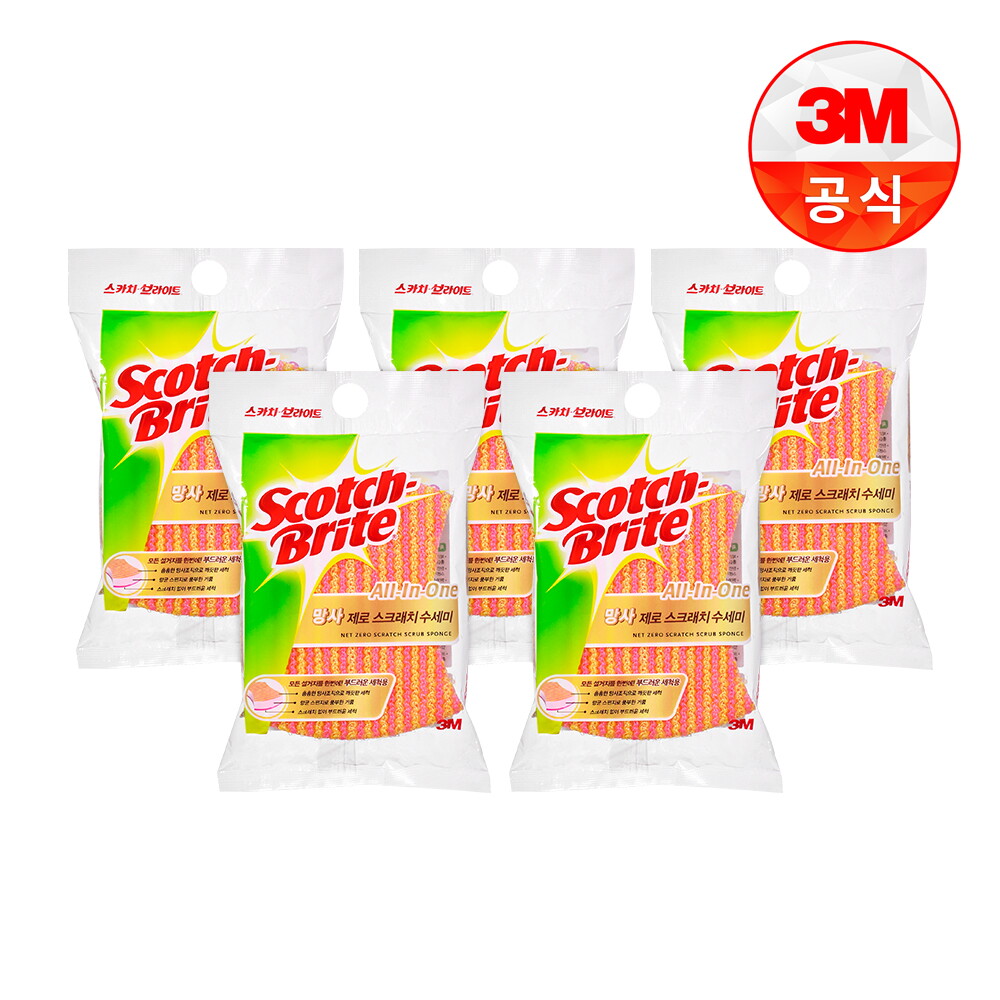 3M [정상가 9,900원] 3M 올인원 제로스크래치 망사 수세미 1입 5개