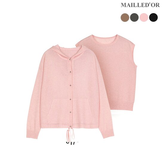 [홈쇼핑인기]마예도르 글리터 펄 후드가디건+슬리브리스 니트 SET