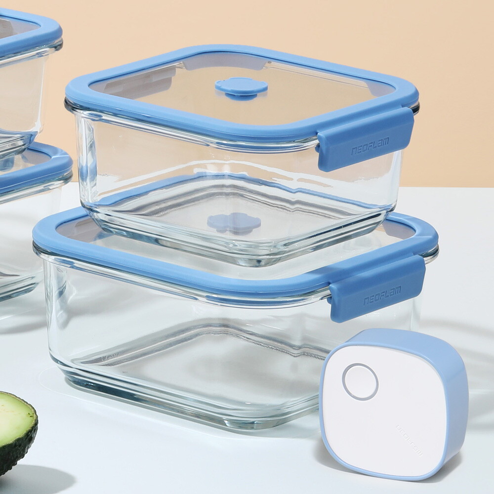 네오플램 베큐씰 진공 내열유리 밀폐용기 정사각 2종(1000ml+1500ml)+진공 펌프 1개