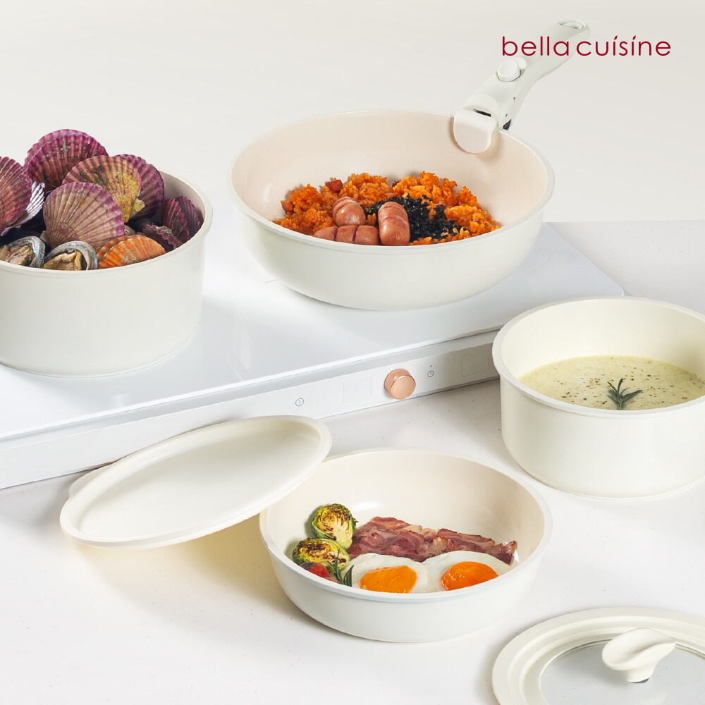 (주)리빙스타 벨라쿠진 크림벨 IH 세라믹 멀티핸들 냄비 프라이팬 7종 세트