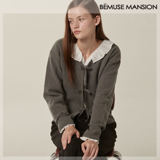 [비뮤즈맨션(영패션)](27번)(비뮤즈맨션)Ribbon point knit cardigan - Charcoal (BE23FKN001CC)